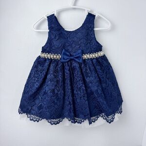 American Princess Navy Lace Dress 18 month w/Bow & Rhinestone Belt Holiday Dress
